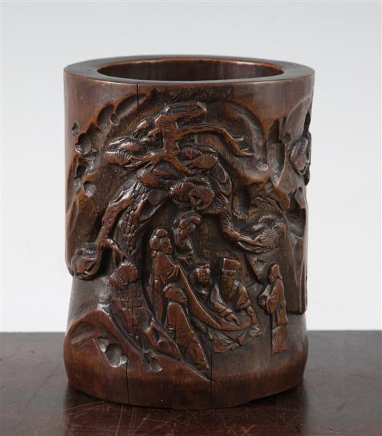 A Chinese bamboo brush pot, 17th / 18th century, 13.5cm, slight old worm damage